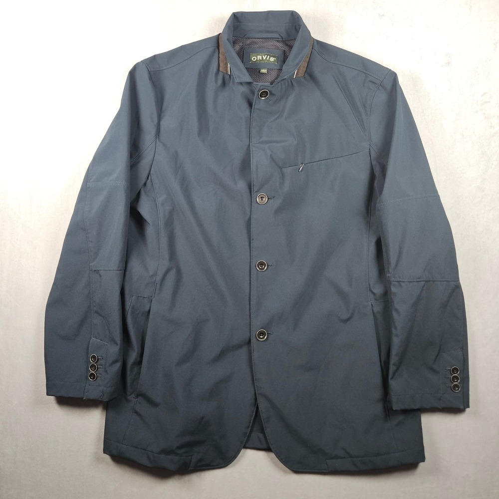 Orvis Tech Blazer Jacket Mens Large Blue Performance Button Up Zip Pocket Travel